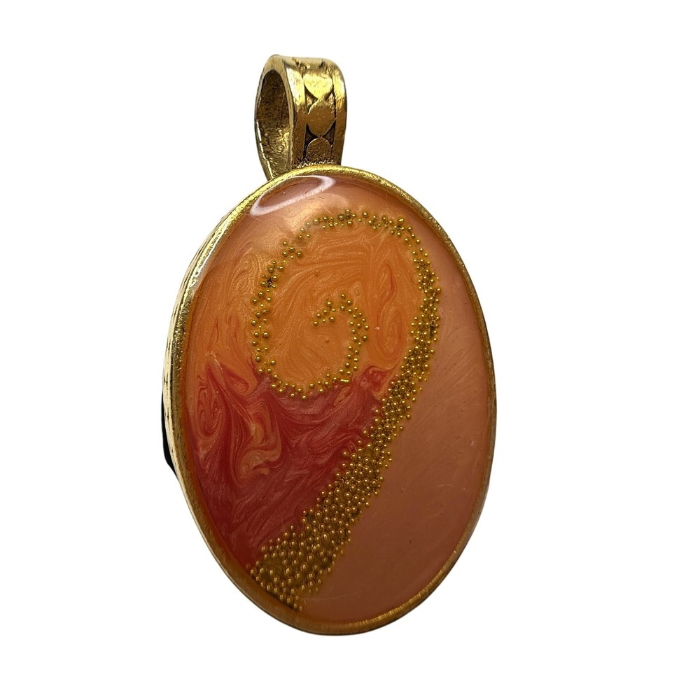 Vintage Oval Gold Tone Pendant Necklace Amulet Resin Abstract Retro Jewelry 2 in